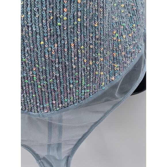 FREE PEOPLE Women's Light Blue Sequin Sheer Sparks Fly Corset Bodysuit SZ S - Picture 6 of 13